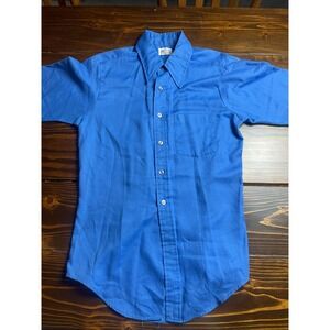 K-mart Shirt Men's Size M Blue Button Up Vintage Short Sleeve Pocket Curved Hem